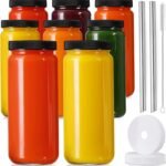 [ 8 Pack ] Glass Juicing Bottles with 2 Straws & 2 Lids W Hole- 16 OZ Travel Drinking Jars, Water Cups with Black Airtight Lids, Reusable Tall Mason Jar for Juice, Bubble Tea, Smoothie, Tea, Kombucha