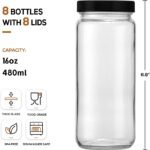 [ 8 Pack ] Glass Juicing Bottles with 2 Straws & 2 Lids W Hole- 16 OZ Travel Drinking Jars, Water Cups with Black Airtight Lids, Reusable Tall Mason Jar for Juice, Bubble Tea, Smoothie, Tea, Kombucha