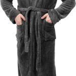 Mens Hooded Fleece Bathrobe Plush Long Spa Robe