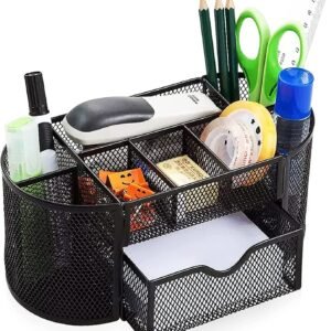Mesh Desk Organizer Desktop Office Supplies Multi-Functional Caddy Pen Holder Stationery with 8 Compartments and 1 Drawer for Office, Home, School, Classroom (Black)