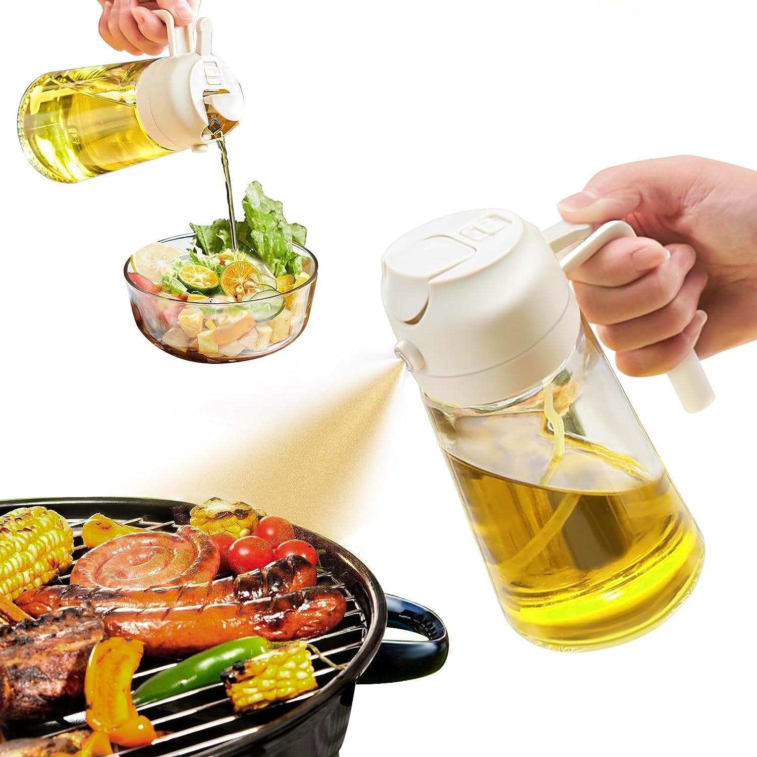 Oil Sprayer for Cooking, 2 in 1 Olive Oil Dispenser Bottle for Kitchen, 17Oz/500Ml Premium Glass Oil Bottle, Food-Grade Oil Mister for Air Fryer, Salad, Frying, BBQ (Creamy White)