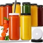[ 8 Pack ] Glass Juicing Bottles with 2 Straws & 2 Lids W Hole- 16 OZ Travel Drinking Jars, Water Cups with Black Airtight Lids, Reusable Tall Mason Jar for Juice, Bubble Tea, Smoothie, Tea, Kombucha