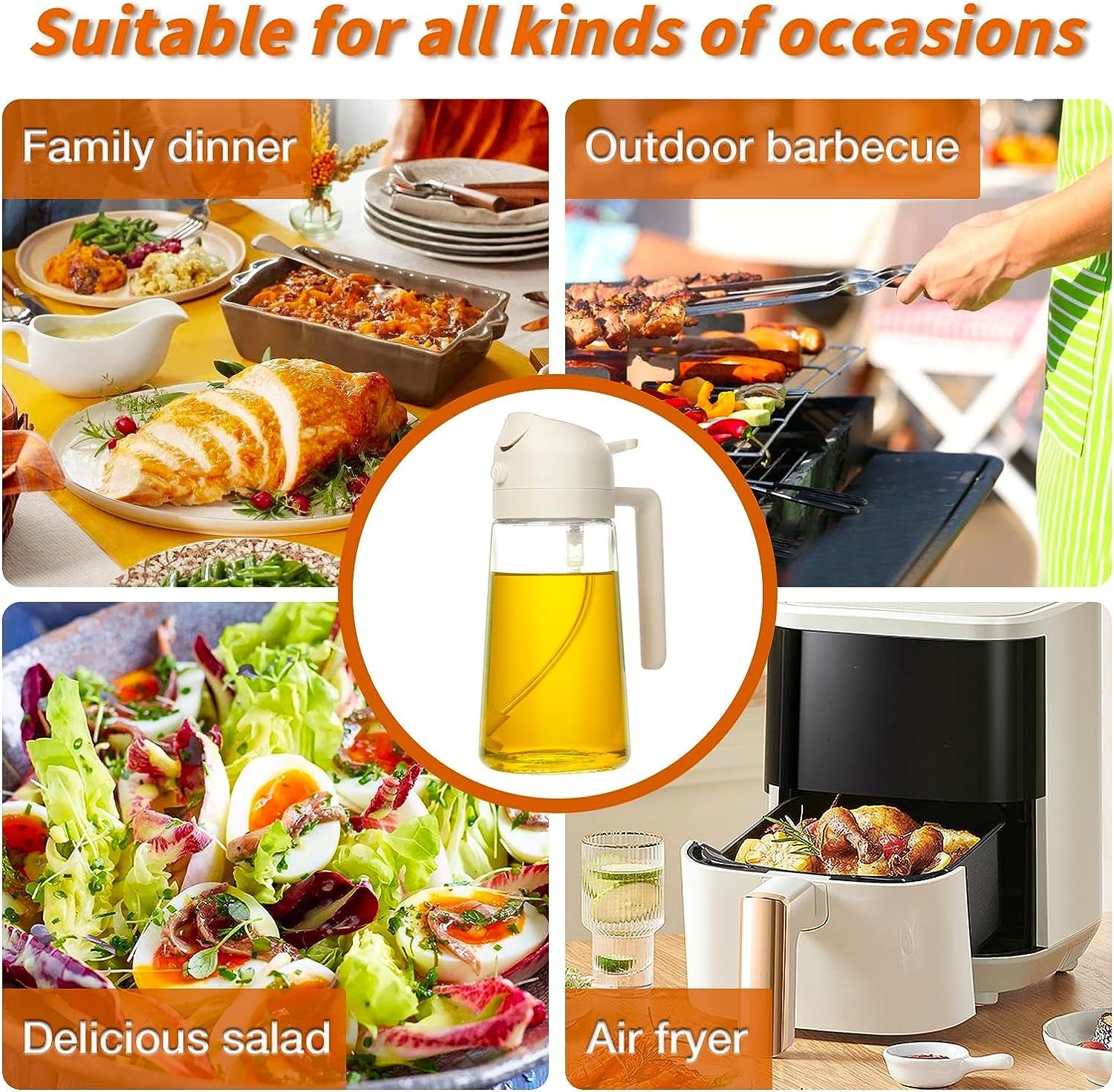 Oil Sprayer for Cooking, 2 in 1 Olive Oil Dispenser Bottle for Kitchen, 17Oz/500Ml Premium Glass Oil Bottle, Food-Grade Oil Mister for Air Fryer, Salad, Frying, BBQ (Creamy White)